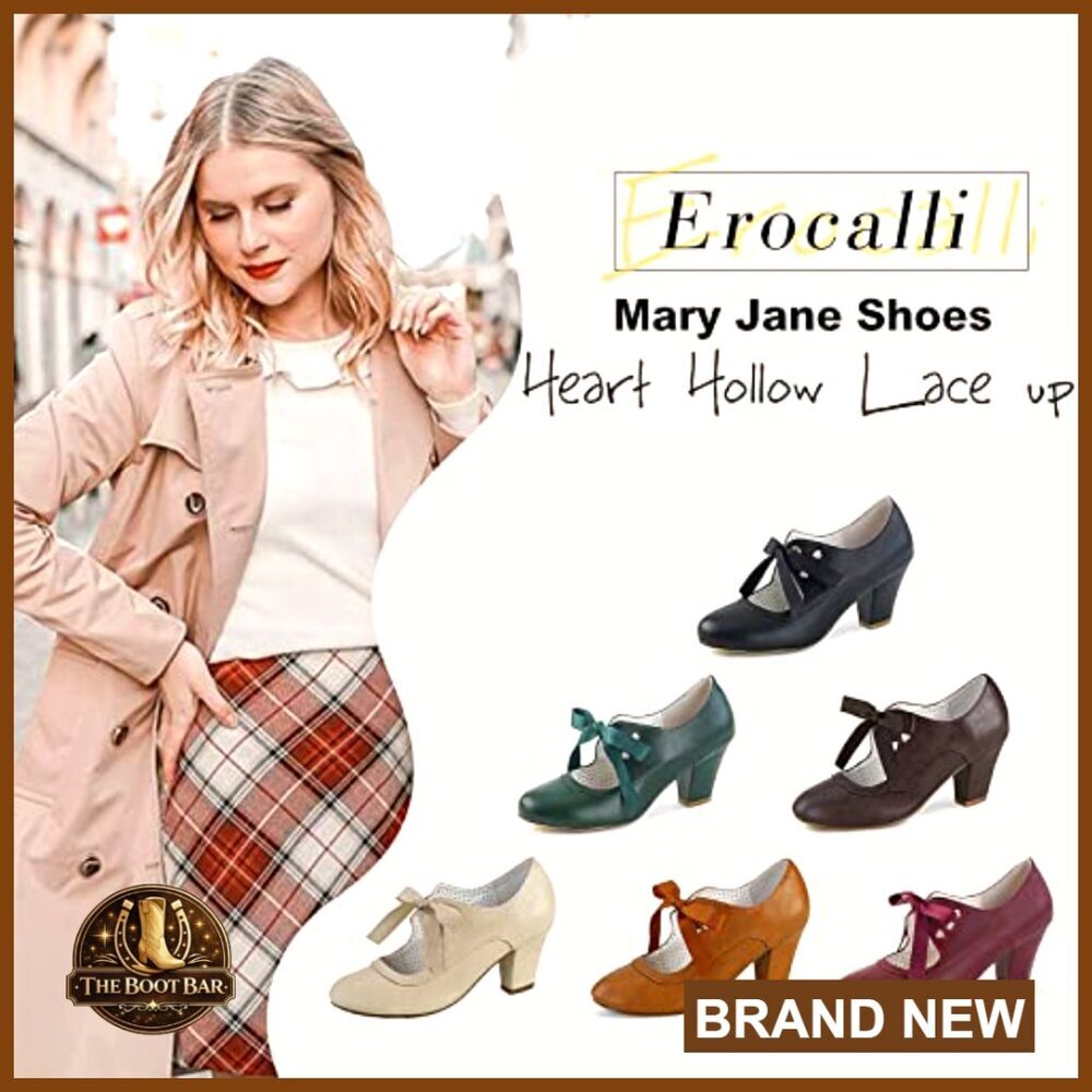 Chunky Block Heel Mary Jane Pumps with Lace Up Closure Round Toe - Picture 2 of 7